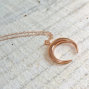 Rose Gold Double Horn Pendant Necklace, Rose Gold Crescent Moon Pendant Necklace, Double Horn Necklace, Bohemian Long Necklace