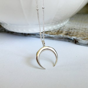 Silver Cresent Moon Necklace, Sterling Silver Double Horn Necklace, Sterling Silver Satellite Chain Moon Necklace, Silver Tusk Necklace