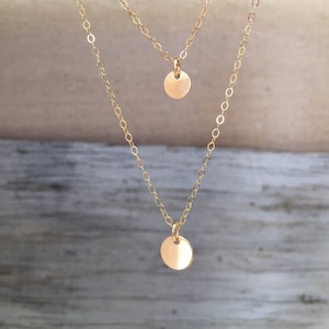 Gold Filled Double Disc Dot Necklace, Two Necklaces, Gold Filled Gold Disc Charm Necklace, Monogram Gold Necklace Set, Mommy Necklace