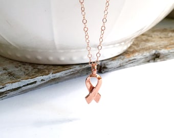 Rose Gold Pink Ribbon Necklace, Breast Cancer Awareness Jewelry