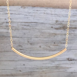 14k gold filled ketting met gebogen staaf, ketting met sterlingzilveren buis, ketting met gelaagdheid, roségoud gevulde ketting met gebogen staaf, gouden buis