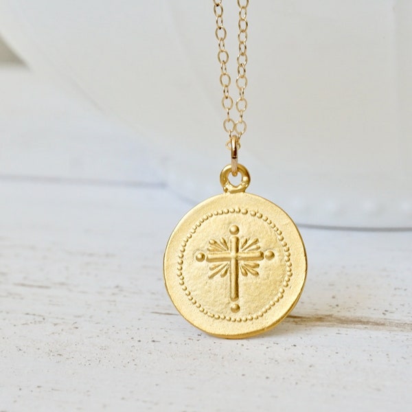 Gold Round Cross Medallion Pendant, Silver Cross Medallion Necklace, Cross Medallion, Boho Jewelry, Modern, Silver Cross, Layering Necklace