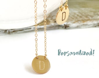Collar con dije de oro laminado de 14 quilates, collar con monograma de oro rosa laminado de 14 quilates, collar con dije de inicial de plata de ley, collar personalizado