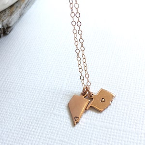 New!! Small Rose Gold State Necklace, Two State Necklace Heart Stamp, Silver State Necklace, Arizona, California, Texas, Ohio, Utah, Oregon