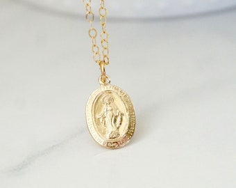 Guldmedaljong Maria, Mirakulös Medalj Charm Halsband, Religiösa Smycken, Gåva till Henne, Konfirmation, Katolsk, Kors, Jungfru Maria
