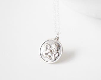 Collana con angelo custode, collana con medaglione d'argento a forma di angelo, ciondolo con moneta grande, angelo custode, figlia, mamma, ali d'angelo, cherubino, battesimo