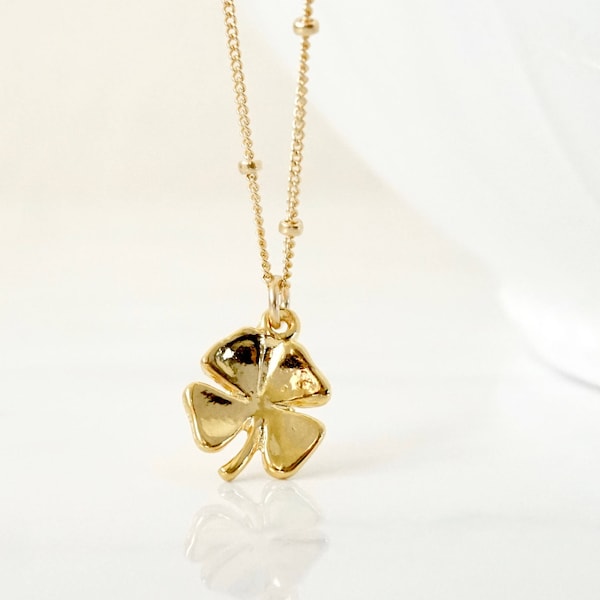Gold Four Leaf Clover Necklace, Lucky Necklace,Beaded Chain Necklace, Gold Beaded Necklace with Clover, Lucky Four Leaf Clover Necklace