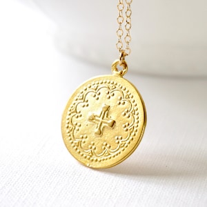 Gold Round Cross Pendant, Popular Large Medallion Necklace, Silver Medallion Necklace, Large Gold Disc, Boho Jewelry, Modern, Everyday Cross
