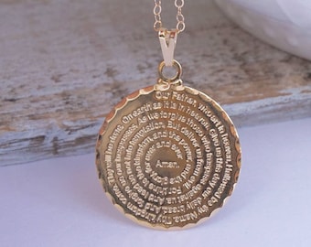Collar con colgante de medallón dorado grande con inscripción, colgante con la oración del Padre Nuestro, Padre Nuestro grabado, Comunión, Confirmación, AA Jewelry