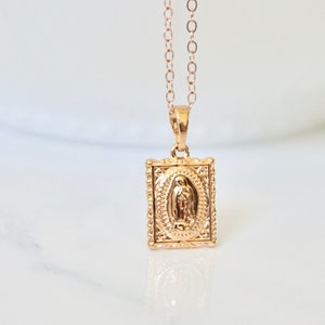 Rose Gold Mother Mary Necklace, Square Mary Pendant, Mary Medallion, Layering Necklace, Catholic, Mother Mary Medallion, Holy Mary