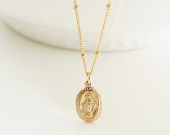Virgin Mary Medal Necklace with Beaded Chain, Protection Medallion, Religious, Confirmation, Catholic, Cross Necklace, Miraculous Medal