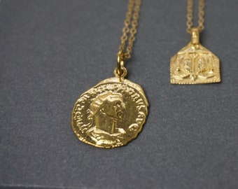 Gold Greek Coin Necklace, Double Sided Greek Medallion, Artisan Greek Coin Necklace, Bohemian Jewelry, Layering, Gold Medallion, On Trend