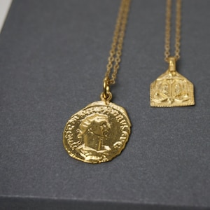 Gold Greek Coin Necklace, Double Sided Greek Medallion, Artisan Greek Coin Necklace, Bohemian Jewelry, Layering, Gold Medallion, On Trend