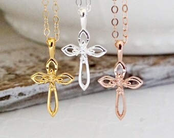 Dainty Rose Gold Cross, Sterling Silver Cross Necklace, Gold Cross, Gift for Her, Beautiful Cross