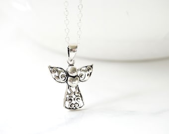 Collana con ciondolo angelo e cuore, angelo in filigrana, sei il mio angelo, regalo per la mamma, collana angelo in argento sterling, angelo delicato, minimalista