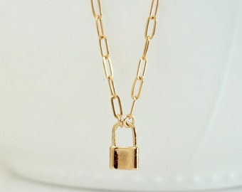 Padlock Necklace with Long Drawn Chain, Gold Small Lock Necklace, Love Lock, Layering Necklace, Padlock Necklace, Gold Filled Drawn Chain