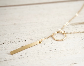 Circle and Bar Lariat, Lariat-ketting, sierlijke Lariat, in goud en zilver, druppelring Lariat, Y-ketting, boho-sieraden, lange ketting