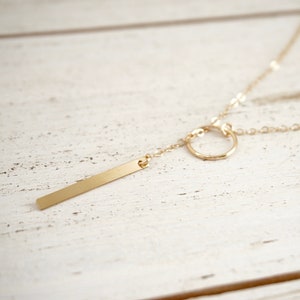 Circle and Bar Lariat, Lariat Necklace, Dainty Lariat, In Gold and Silver, Drop Ring Lariat, Y Necklace, Bohemian Jewelry, Long Necklace