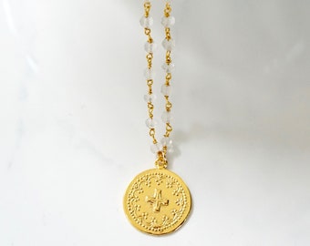 Gold Round Cross Pendant, Popular Large Medallion Necklace, Silver Medallion Necklace, Large Gold Disc, Rosary Beaded Cross Necklace