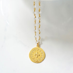 Gold Round Cross Pendant, Popular Large Medallion Necklace, Silver Medallion Necklace, Large Gold Disc, Rosary Beaded Cross Necklace