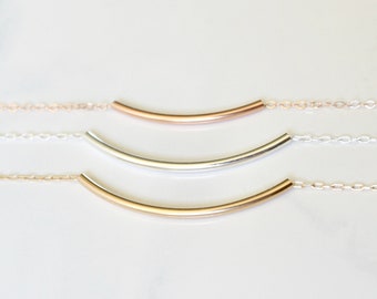Rose Gold Filled Curved Bar Necklace, Sterling Silver Curved Bar Necklace, Gold Filled, Tube Necklace, Layering Necklace, Gift for her