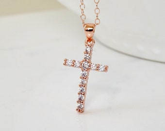 Rose Gold CZ Cross Necklace, Cross Necklace, Dainty, Everyday, Minimalist Jewelry, Baptism, Communion, Spiritual, Gift for Daughter