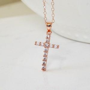 Rose Gold CZ Cross Necklace, Cross Necklace, Dainty, Everyday, Minimalist Jewelry, Baptism, Communion, Spiritual, Gift for Daughter