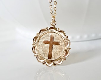 Gold Cross necklace,Religious Medal necklace,Relic Pendant necklace,silver cross necklace,Medallion necklace,Bridesmaid Gift,birthday gift