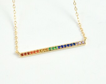 Gold CZ Bar Necklace, Multi CZ Bar Necklace, Rainbow CZ Gold Bar Necklace, Simple and Dainty, On Trend, Gift for Her, Best Friend Gift