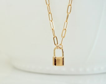 Gold Padlock Necklace with Drawn Chain, Small Lock Necklace, Love Lock, Layering Necklace, Padlock, Gift for Her, On Trend, Dainty, Mom day