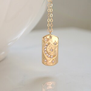 Gold Tag Starburst Necklace, North Star Charm, Crescent Moon Tag Necklace, CZ Moon, CZ Star Necklace, Layering Necklace, Celestial Pendant