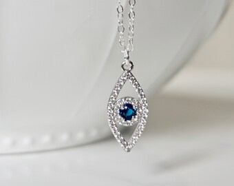 Silver CZ Evil Eye Necklace, Celebrity Necklace, Blue Evil Eye Charm Necklace, Silver CZ Evil Eye CZ Necklace, Protection, Layering Necklace