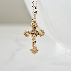 Beautiful Gold Ornate Cross Necklace, Crucifix, Jesus Christ, Catholic, Layer Necklace, Spiritual, Beaded Gold Cross Necklace, Gift for Mom
