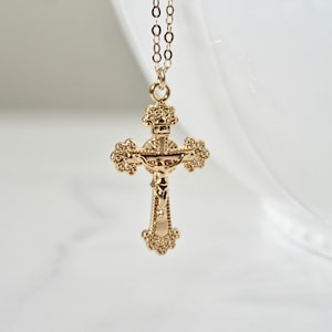 In Stock Now! Our most popular Large Gold Cross Necklace is finally back in stock, Ornate Cross, Crucifix, Catholic, Gold Cross Necklace