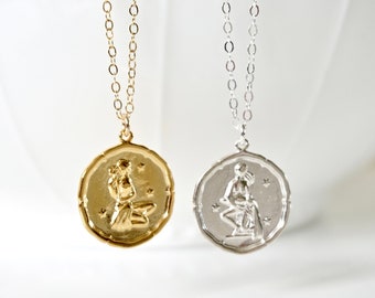 Round Coin Zodiac Charm Necklace, Sterling Silver Zodiac Charm, Gold Zodiac Charm, Constellation, Astrological, Birthday, Gift for her, Star