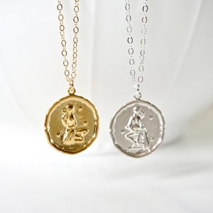 Round Coin Zodiac Charm Necklace, Sterling Silver Zodiac Charm, Gold Zodiac Charm, Constellation, Astrological, Birthday, Gift for her, Star