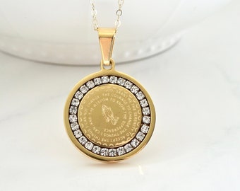 Serenity Prayer on front of Coin Medallion Pendant and the Lord's Prayer on the back with Cubic Zirconia, Engraved Lords Prayer on the back