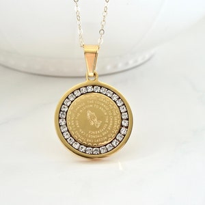 Serenity Prayer on front of Coin Medallion Pendant and the Lord&#39;s Prayer on the back with Cubic Zirconia, Engraved Lords Prayer on the back