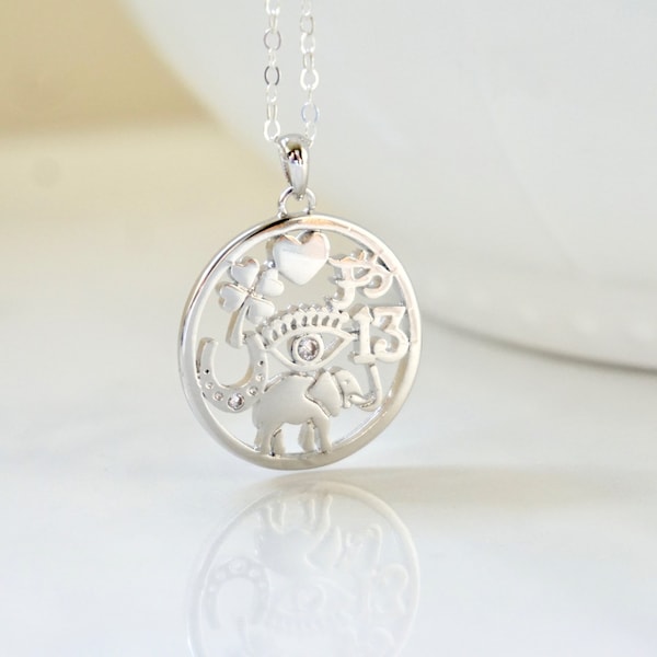 Silver Good Luck Medallion, Ohm Necklace, Evil Eye Necklace, Heart, Four Leaf, Elephant, Spiritual, Layering Necklace, Horseshoe, Gift Idea