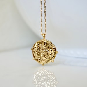Saint Francis of Assisi Medal Necklace, Double Sided Medallion Pendant, Artisan Greek Coin Necklace, Bohemian Jewelry, Gold Medallion