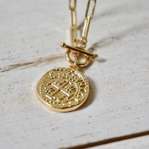Link Chain Toggle Layering Necklace, Greek Coin, Gold Filled Paper Clip Lariat Medallion Necklace, Chain Link, Medallion, Large Oval Chain