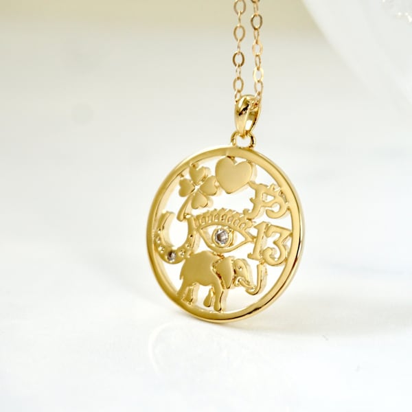 Good Luck Elephant Medallion, Ohm Necklace, Evil Eye Necklace, Heart, Four Leaf Necklace, Spiritual, Layering Necklace, Horseshoe, Gift Idea