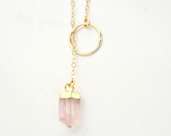 Quartz Necklace Lariat, Lariat Y Necklace, Pink Quartz, Moonstone, Quartz, Boho Chic Necklace, Gift for Her, Bohemian, Gift for mom