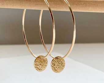 14kt Gold Filled Hoop earrings w/Greek coin, Coin Hoop Earrings, Hoops, Everyday Earrings, Large Hoop Earrings, 30mm, 40mm 0r 50mm hoop size