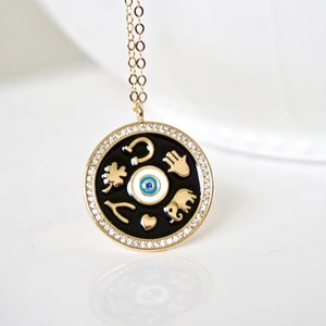 Evil Eye Good Luck Elephant Medallion, Ohm Necklace, Hamsa, Heart, Four Leaf Necklace, Spiritual, Layering, Talisman, Horseshoe, Gift Idea