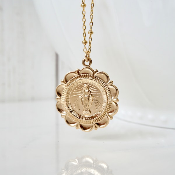 Virgin Mary Medallion Scalloped Edge Necklace with Beaded Chain, 14kt Gold Filled Beaded, 925 Sterling Silver, Mary Medal, Mother Mary