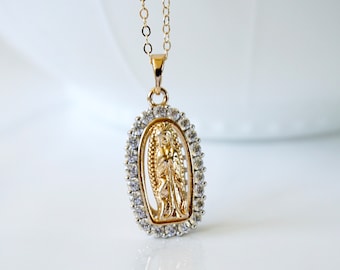 Gold Mary Medal CZ Necklace, Mother Mary Cubic Zirconia Pendant, Mary Medallion, Mary Medal Necklace, Vintage Mary Medal, Gift for Her