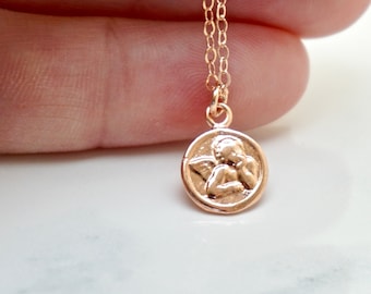 Rose Gold Angel Face Charm Necklace, Guardian Angel, Angel Wings, Guardian Angel, Dainty, Angel Face, My Angel baby, Little girl necklace