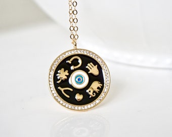 Evil Eye Good Luck Elephant Medallion, Ohm Necklace, Hamsa, Heart, Four Leaf Necklace, Spiritual, Layering, Talisman, Horseshoe, Gift Idea