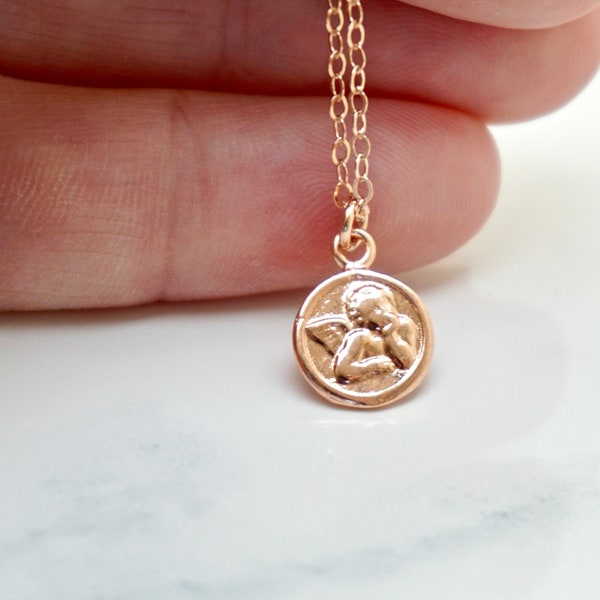 Rose Gold Angel Face Charm Necklace, Guardian Angel, Angel Wings, Guardian Angel, Dainty, Angel Face, My Angel baby, Little girl necklace